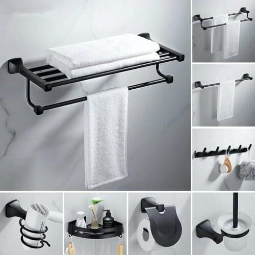 Towel Rack Space Aluminum Bath Towel Holder wall Mounted Paper Holder Black European-style Nail Free Bathroom Accessories Set