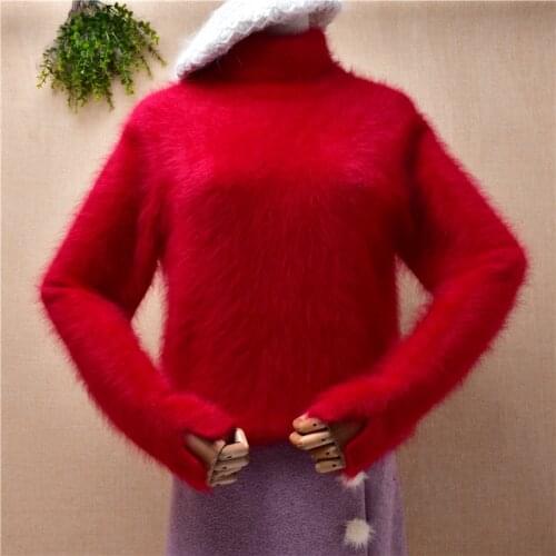 Ladies women fashion red soft angora rabbit fur knitted long sleeves turtleneck slim blouses pullover mink fur jumper sweater