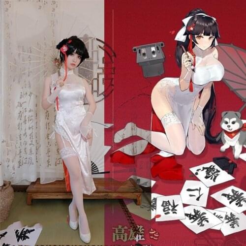 Game Azur Lane Takao Cosplay Costume Women White Cheongsam Deluxe Satin Halloween Carnival Uniforms