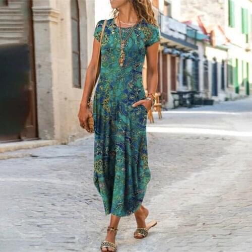 New Vintage Party Dresses For Women Floral Print Short Sleeve Summer Dress Women Plus Size Sundress Pocket Beach Long Dress Boho