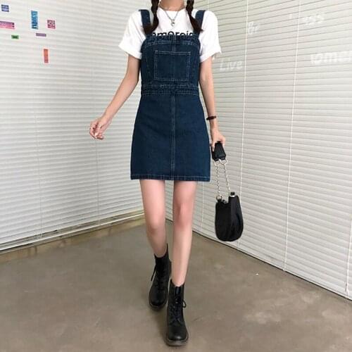 Summer New Denim Dress Women Korean Slim High Waist Female A-line Dress Vintage Casual Overalls Dresses
