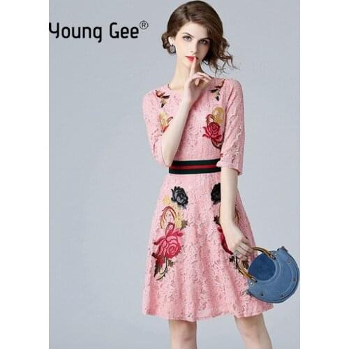 Young Gee womens above knee pink lace dress 2021 new floral embroidered o-neck half sleeve dresses vestido de mujer femme robe