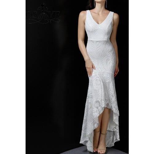 Milk White Prom Dresses 2021 Sequined High-low Evening Gowns Sexy V Neck Formal Party Evening Dress Fitted Mermaid Party Gown