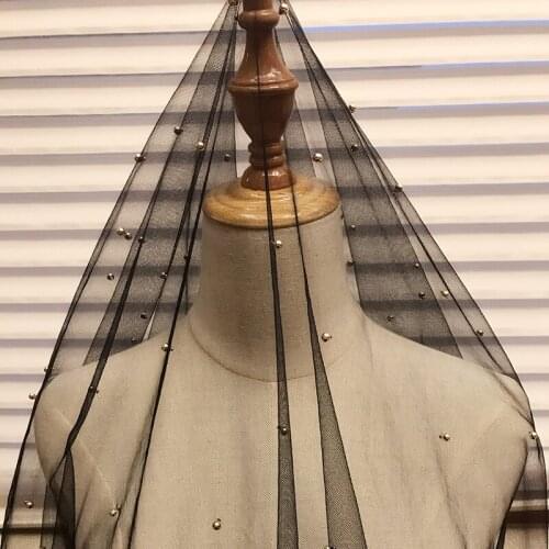 Soft Black Mesh Gold bead Lace Fabric Wedding Dress ,Headdress Cloth Bridal Voiel DIY Accessories Width 145cm 1yard