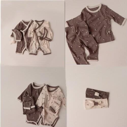 Newborn Baby Sleepwear Sets Long Sleeve Tops Or Romper + Pants With Hat Or Headband 3Pcs Infant Clothes Set Elasticity Tracksuit