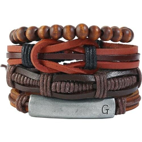 4 Pcs/set Ethnic Casual Weave Wood Beads Charm Handmade Men Leather Bracelets Vintage Bangle Male Homme Jewelry Accessories