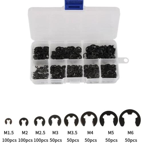 550Pcs Black Circlip Retaining Ring Sack Retainer E-Clip Washer Buckle-shaped Split Washers Kit M1.5 M2 M2.5 M3 M3.5 M4 M5 M6