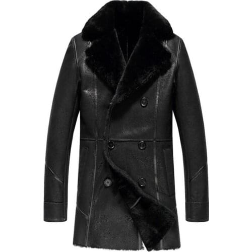Double breasted sheepskin long coat man winter shearling jacket