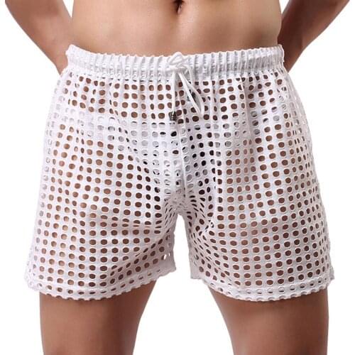 Erotic Men Solid Color Mesh See Through Hollow out Drawstring Shorts Beach Pants