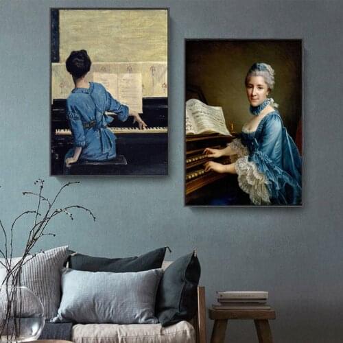 Woman Playing Piano Canvas Painting Nordic Art Wall Picture for Living Room Home Decor Vintage Literature Woman Posters Prints