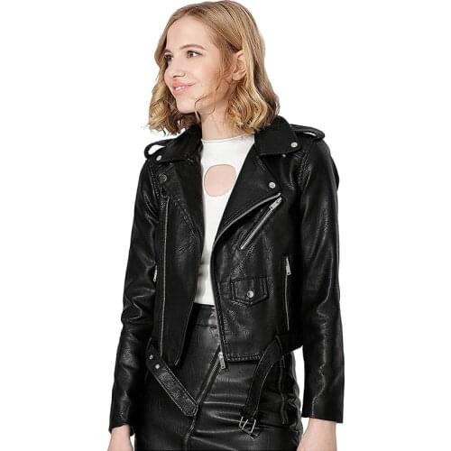 Ailegogo Women Fashion Bright Colors Black Motorcycle Coat Pu Leather Jacket Short Faux Leather Biker Jacket Soft Jacket Female