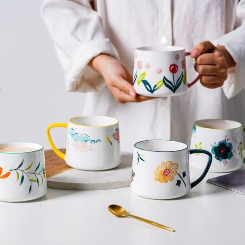 Cute Hand-Painted Ceramic Breakfast Cup 320ml Cartoon Flowers Pattern Milk Oat Coffee Mug Underglaze Pottery Cups for Home Gift