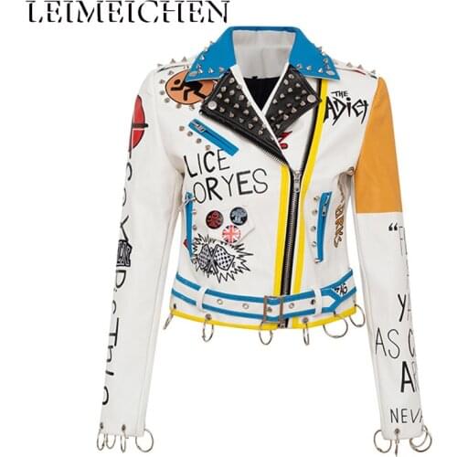 Fashion Rivet Beading Leather Jacket Locomotive Graffiti Cartoon PU Leather Jacket Female Punk Motorcyle Jackets With Belt