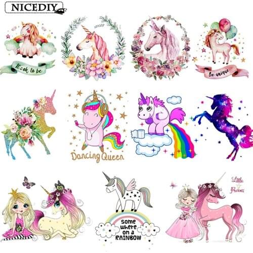 Nicediy Unicorn Iron On Cartoon Cute Patch Heat Vinyl Transfers Rainbow Thermal Sticker On Clothing DIY For Kid T-shirt Applique