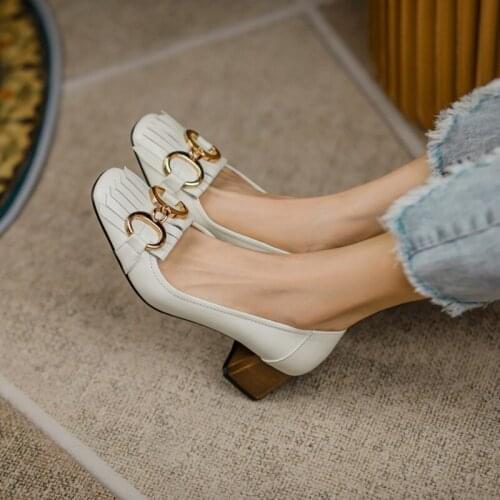 Ochanmeb Trendy Block Heels Women Sheep Suede Leather Pumps Retro Vintage Tassel Fringe Brand Chain Woman Party Shoes Size 33-43