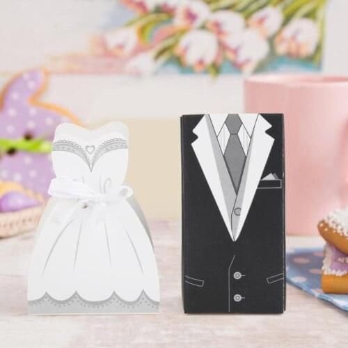 Originality 50pcs Wedding Favor Bride Groom Dresses Wedding Adorable Candy Boxes Multipurpose with Ribbon Decors Unusual