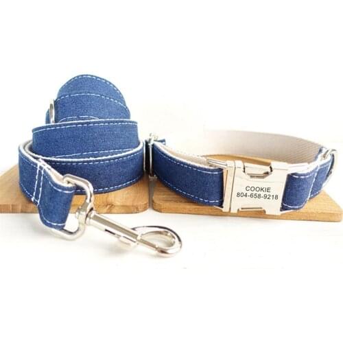 Personalized Pet Collar Customized Nameplate ID Tag Adjustable Brown Jean Fiber Cat Dog Collars Lead Leash Set