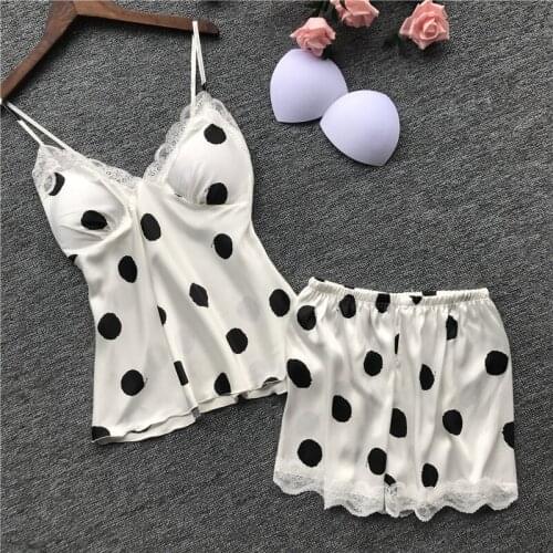 Sexy Summer Lace Pajamas Sleepwear for Women Sleeveless Spaghetti Strap Pyjamas Satin Cami Top + Shorts Sets Spots Nightwear