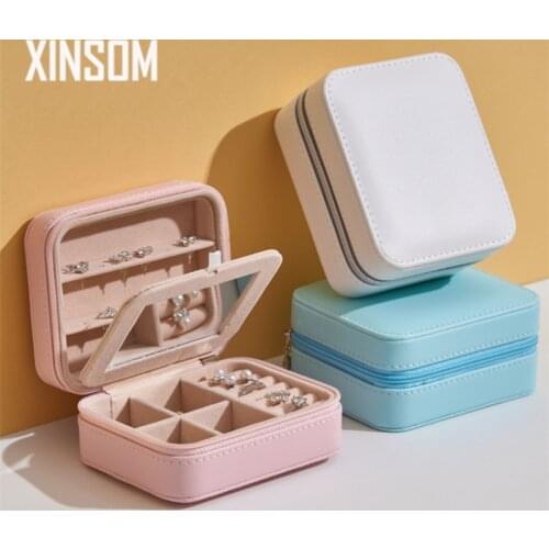 XINSOM Small Jewelry Box Organizer With Mirror Women Girls Portable Travel Casket Earrings Rings Box Birthday Gift Dropshipping