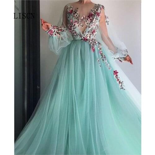 Sexy Embroidery A Line Tulle Tulle Mint Green Long Lantern Sleeve Evening Dress Party Gowns Robe De Soiree Formal Prom Plunging