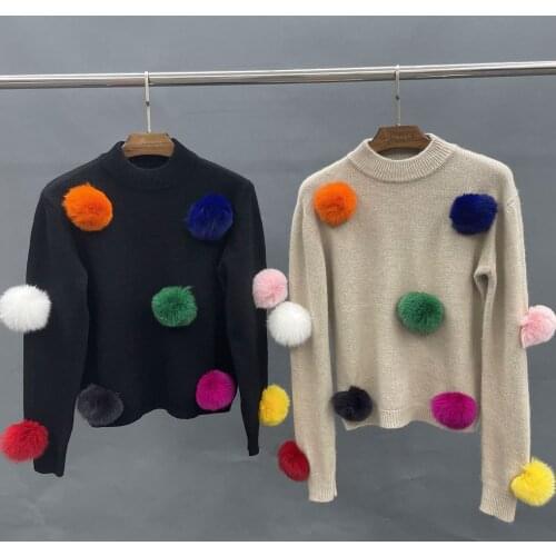Autumn Winter Women Sweater With Fox Fur Pom Casual Fashion Warm Wool Top Female Beige Long Sleeve Pullover Sweater