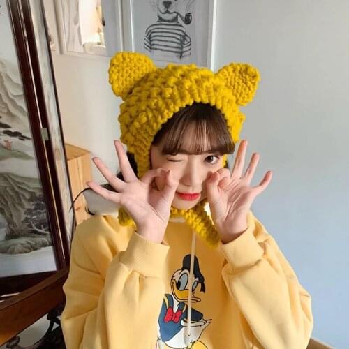 Cats Ear Knitted Wool Hat Ladys Sweet Ear Hats Korean version Students Hat Warm Headset Tide Free Shipping