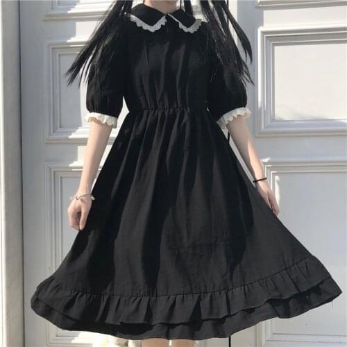 Japanese Sweet Black Slim Waist Design Summer Dress Vintage Peter Pan Collar Short Sleeve Sundress Girl Kawaii Lace Ruffle Dress