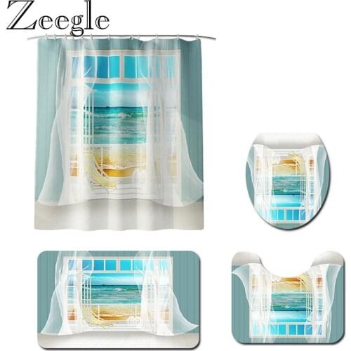 Zeegle Shower Curtain Waterproof Bathroom Curtain Absorbent Bathroom Carpet Set Washable Toilet Cover Mat Anti-slip Bath Mat Set