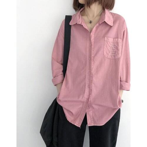 Loose Blouses Tops Femme Blusas Spring New Fashion Women Long Sleeve Casual Shirts Letter Embroidery 100% Cotton