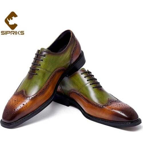 Sipriks Luxury Top Quality Genuine Leather Casual Shoes MenS Wingtip Brogue Shoes British Green & Camel Wedding Dress Shoes 46