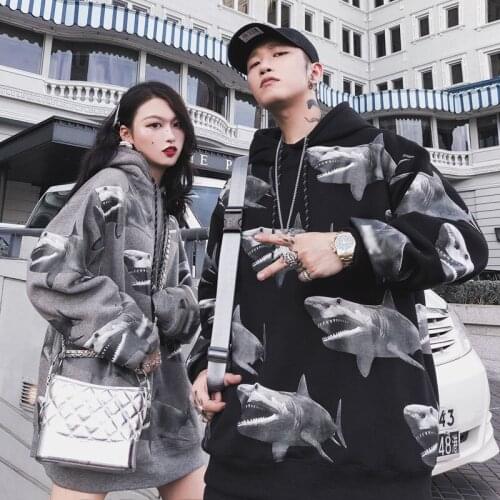 Harajuku Oversized Women Hoodies Casual shark Print Sweatshirt Korean Style Autumn Long Sleeve Hooded Female Pullovers Tops