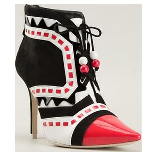 Stylish pointed toe lace-up high heel women ankle boots patchwork geometric spring autumn boots size 35 to 42 free shipping