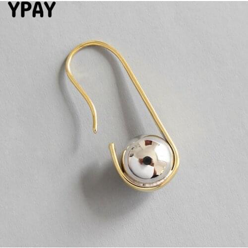 YPAY Korean Simple U Shaped Pin Hooked Dangle Earrings for Women 1 PC Gold Plated Real 925 Sterling Silver Ball Jewelry YME426