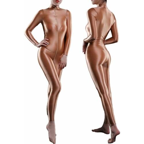 Women Shiny Spandex Long Sleeve Dance Jumpsuit Zipper Crotch Semi See Through Unitard Full Body Dancewear Catsuits Girls