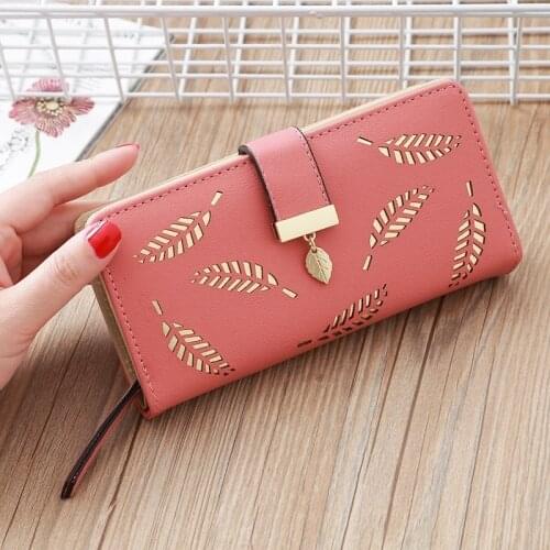 Women Wallet PU Leather Purse Female Long Wallet Gold Hollow Leaves Pouch Handbag For Women Coin Purse Card Holders Clutch