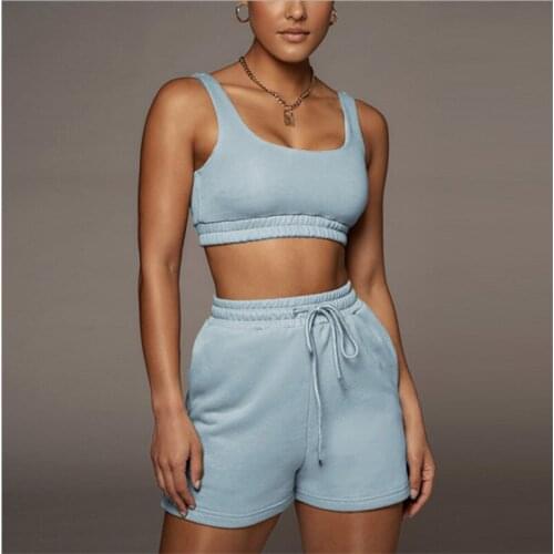Casual Solid Tracksuits Womens Sportswear Two Piece Sets Women Crop Top Drawstring Shorts Matching Set Summer Athleisure Outfits