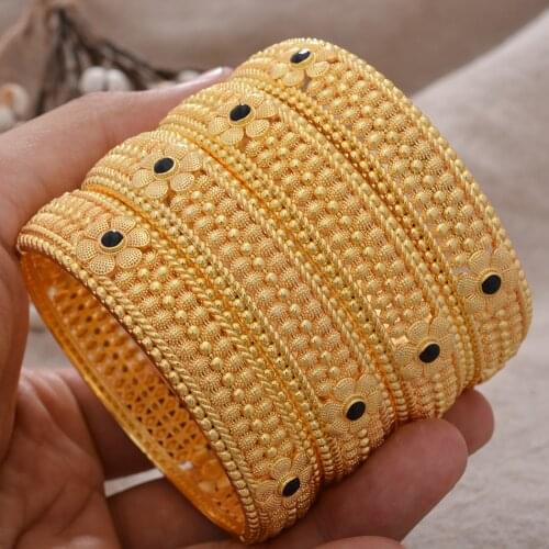 4pcs/Set 24k Dubai Gold Color Bangles For Women Ethiopia Big Bangles&Bracelets Africa Saudi Arabia Wedding Jewelry Party Gift