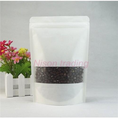 9x13cm,100pcs White Stand up Kraft paper bag with Matte-clear window, Reusable ziplock paper pouch gift / tea bags zipper sealed