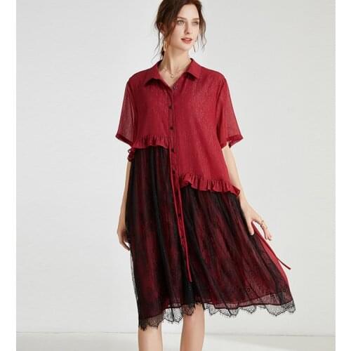 Large size ladies' loose fashion turn-down collar lace Chiffon Elegant dress plus size womens short sleeve high waist dresses