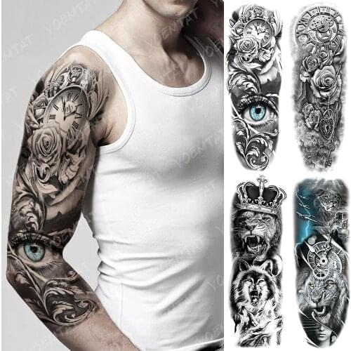 Large Arm Sleeve Tattoo Rose Gear Clock Eye Waterproof Temporary Tatto Sticker Lion Wolf King Body Art Full Fake Tatoo Women Men
