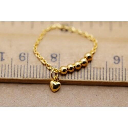 Pure Solid 24k Yellow Gold Ring Women Luck Heart Beads & O Chain Soft Ring