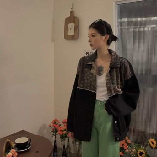 WHOHOLL Women Coat Jacket 2021 New Autumn Clothes Ins Color Blocking Patchwork Long Sleeved Denim Jacket Loose Chic Design Top