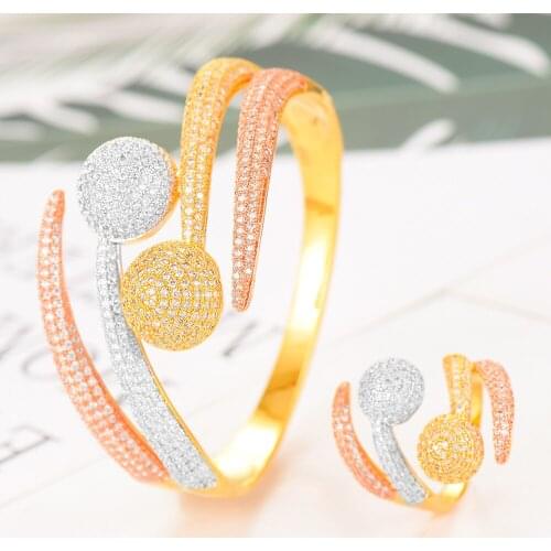 LARRAURI 2019 Hot Jewelry Sets 2PCS Jewelry Sets For Women Luxury Branch CZ Geometric Bridal African Wedding Wide Bracelets/Ring