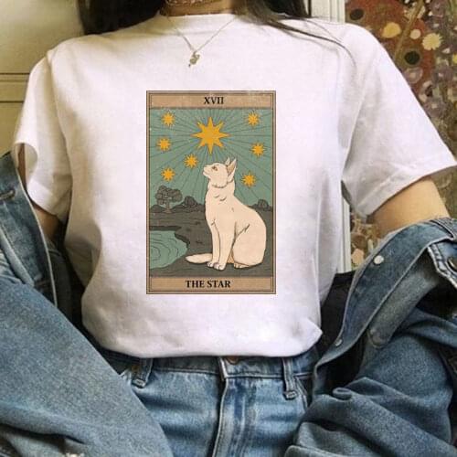 Fashion womens T-shirt Tarot cat print T-shirt funny clothing cartoon womens Harajuku graphic T-shirt cute casual T-shirt
