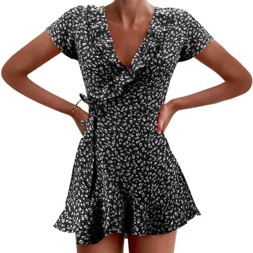 Fashion Women Chiffon Dress Ruffle Short Sleeve Print Bandage Dresses Summer Casual V-neck Mini Dress Beach Sundress Ropa Mujer