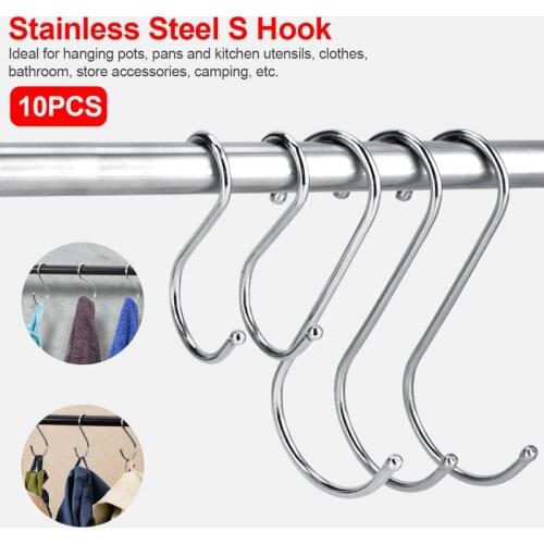 10pcs Stainless Steel Household Hooks Set for Hanging S Shape Hanger Practical Storage Holder for Kitchen Cabinet Home Office
