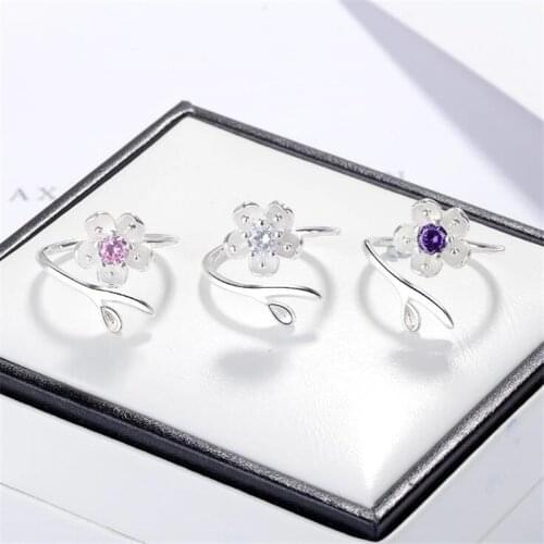 New Fashion Cherry Blossom 925 Sterling Silver Jewelry Cute Temperament Flower Crystal Simple Exquisite Opening Rings SR643