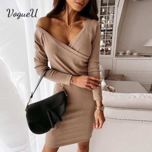 New Fashion Women Summer Long Sleeve Stretch Deep V-Neck Party Dress Casual Solid Color Long Sleeve Elegant Office Lady Dresses