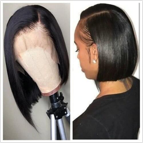 Side Part 13x4 Lace Front Human Hair Short Bob Wigs Blunt Cut Preplucked Black Straight Front Lace Wig For Women Bleached Knots