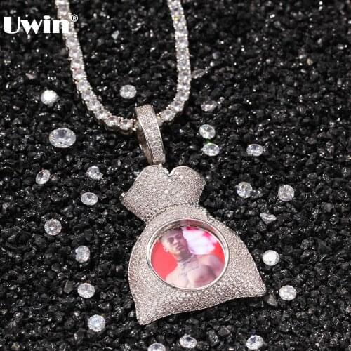 Uwin DIY Photo Necklaces Lucky Bag Charms Iced Out Cubic Zircon Pendant Customized Picture for Gifts Boutique Fashion Jewelry